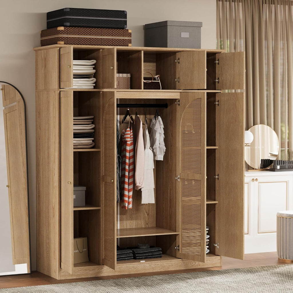 4 Doors Large Armoire Wardrobe Closet with Rattan Doors, 70.87" Tall Freestanding Wooden Closet Wardrobe Cabinet with Hanging Rod and Adjustable Shelves, Clothing Storage Cabinet for Bedroom, Natural