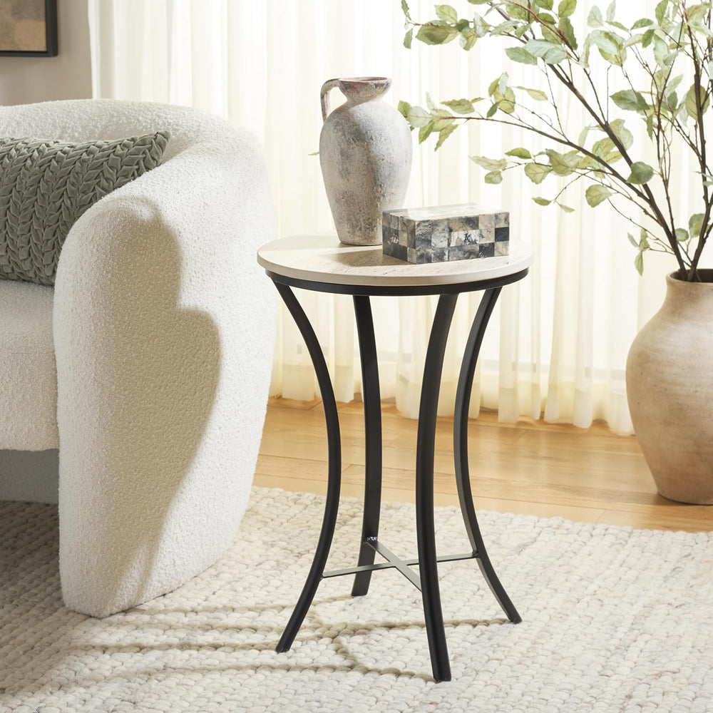 SAFAVIEH Home Collection - Saxony Side Table, Round Beige Travertine Top with...