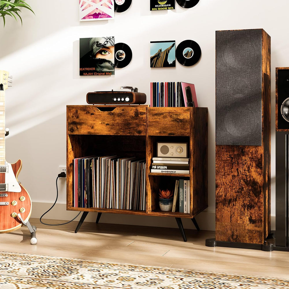 LOKO Record Player Stand with Charging Station, Vinyl Record Holder with Remo...