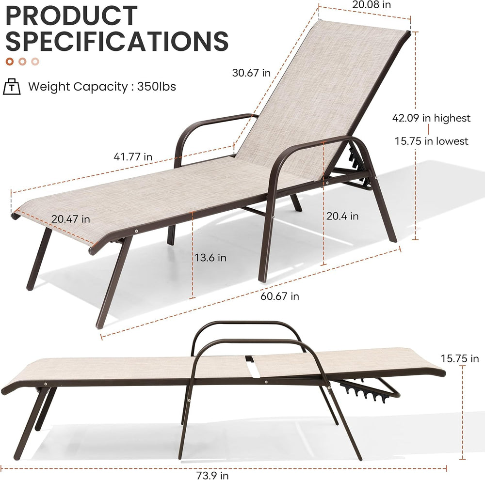 Chaise Lounge Chair Outdoor, Pool Chairs Set of 2 with Armrests (Beige)