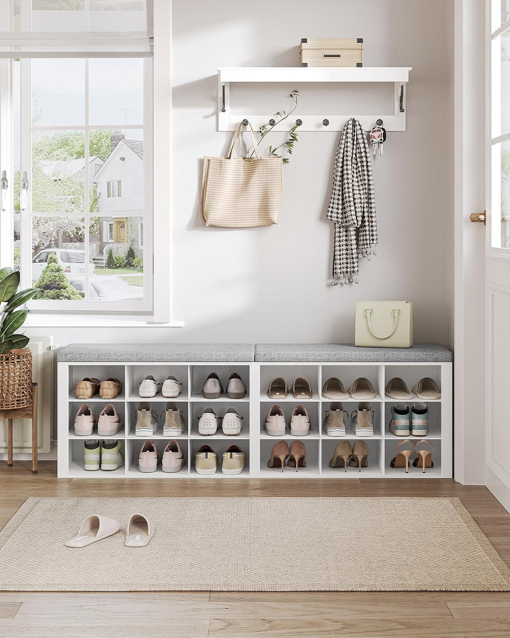Hzuaneri Shoe Storage Bench with Cushion, Entryway Storage Bench with 18 Cubb...