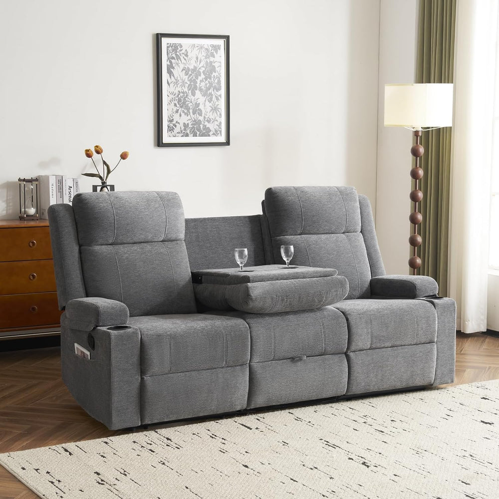 Chenille Reclining Sofa 3-Seater with Convertible Table, Storage Ottoman &amp...