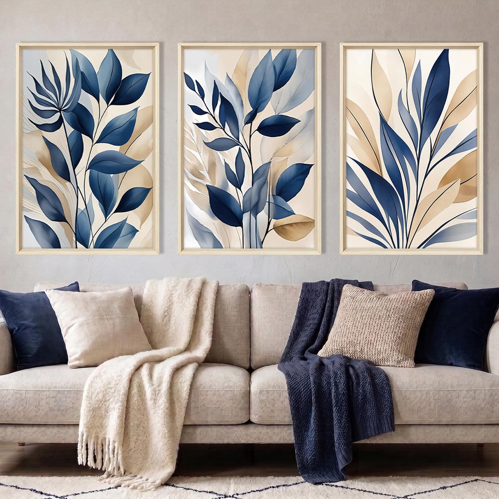HOURIA Navy Blue Neutral Tan Leaf Framed Canvas Wall Art Set-16"x24"x3