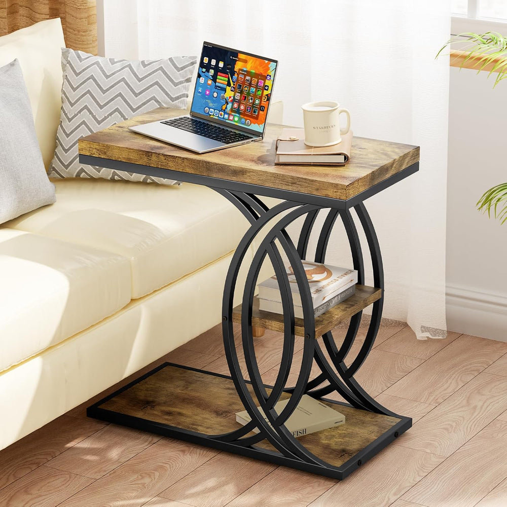 C Shaped End Table, Bed Side Table, 3-Tier Side Table with Metal Frame, Wood ...