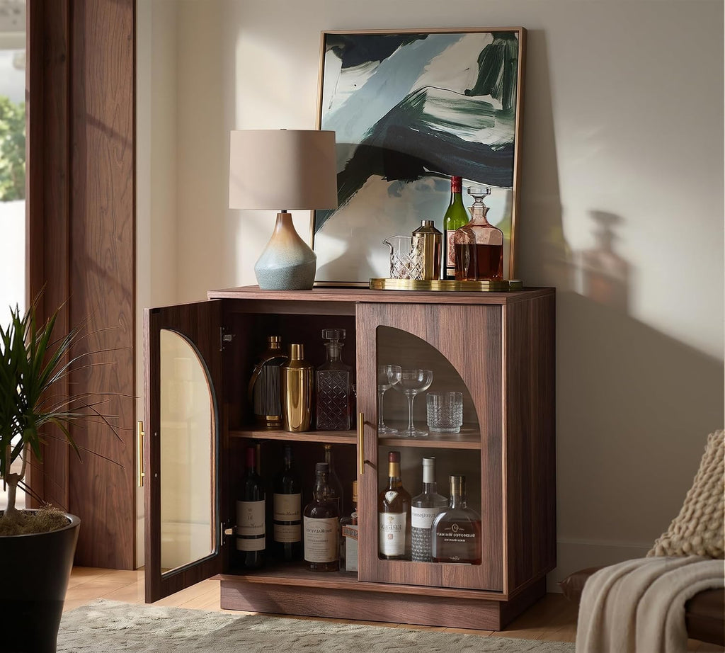 FORTUNETEC 31.5" Sideboard Buffet Cabinet with Arched Glass Doors Set of 2 | Modern Accent Cabinet, Modular Media Console with Storage, Adjustable Shelves, for Living Dining Room Entryway, Dark Walnut