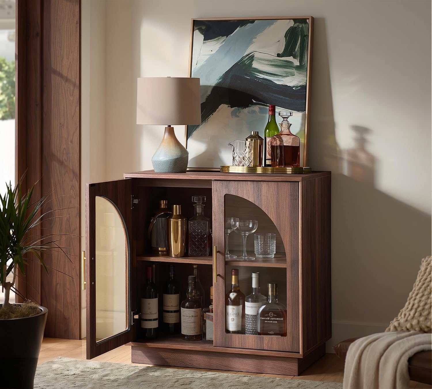 FORTUNETEC 31.5" Sideboard Buffet Cabinet with Arched Glass Doors Set of 2 | Modern Accent Cabinet, Modular Media Console with Storage, Adjustable Shelves, for Living Dining Room Entryway, Dark Walnut
