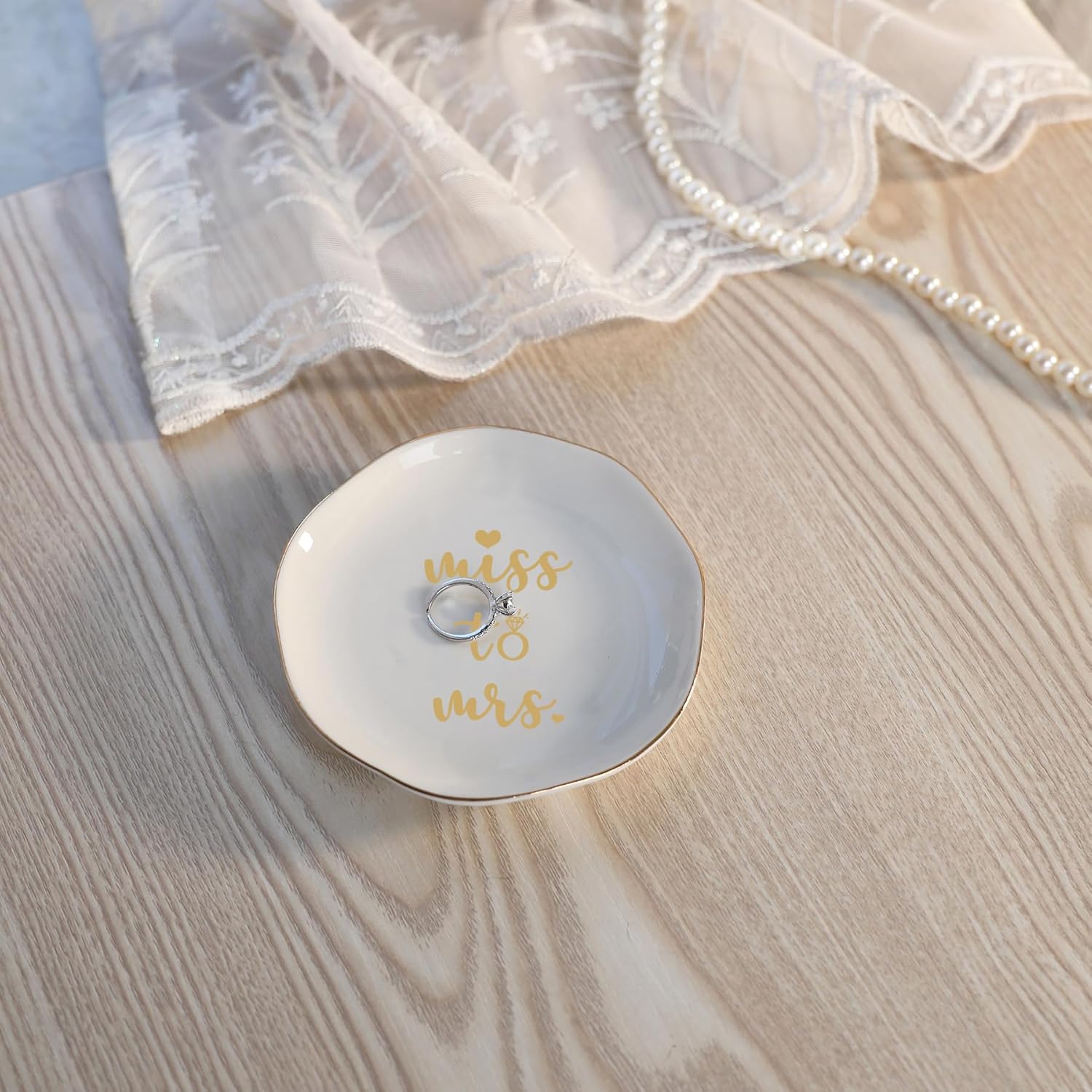 HOME SMILE Miss to Mrs Ring Dish - Bride Gifts, Bridal Shower Gifts - Ceramic White