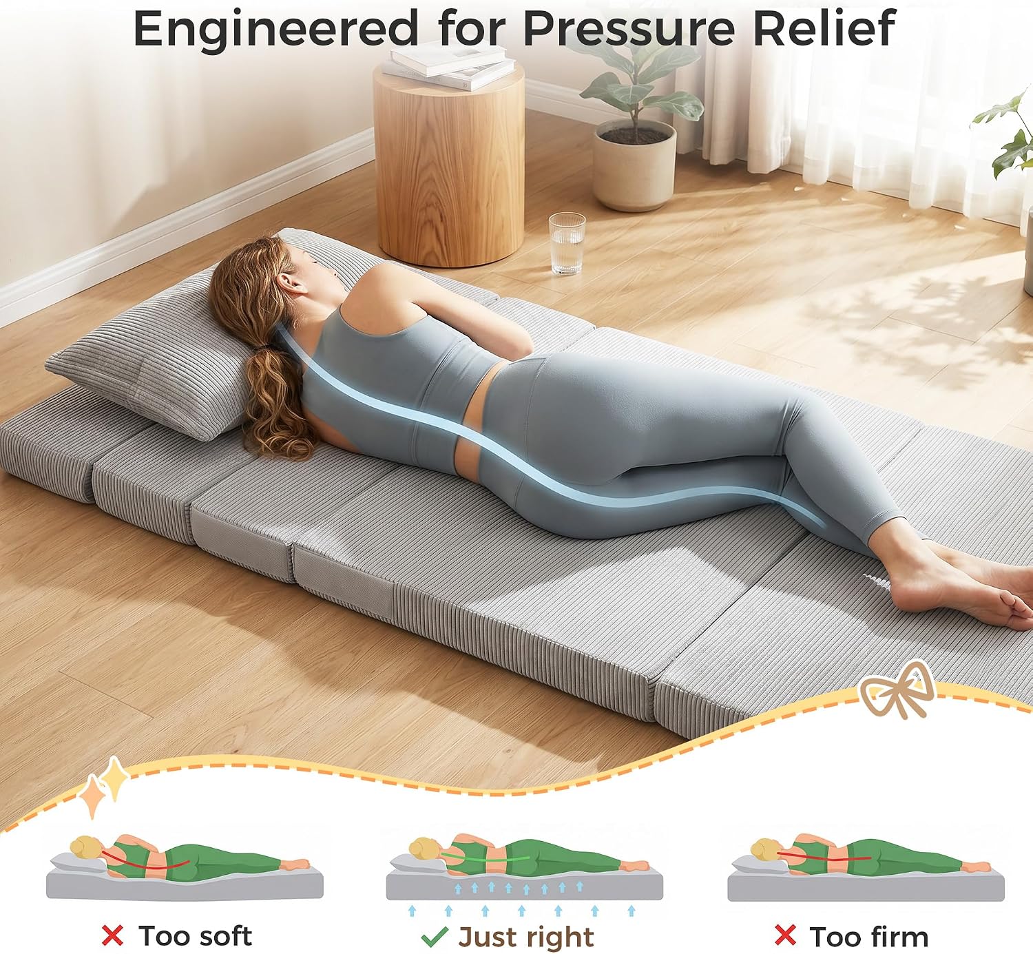 Tri-Fold Futon Mattress,Foldable Japanese Floor Sleep Mattress,High-Density Foam Tatami Bed Mat with Corduroy Cover,Nap Pad & Floor Lounger for Dormitory & Small Space(Charcoal Gray,63x26)