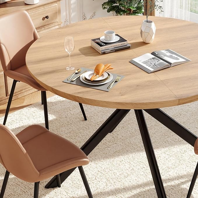 47.2" 5-Piece Round Dining Table Set for 4, Modern Wood Dining Table with 4 Upholstered Chairs, Kitchen & Dining Room Table Set with Metal Base for Apartment, Small Space, Natural Table+4 Brown Chairs