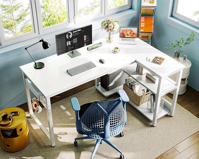 Casaottima L Shaped Computer Desk, 48 Inch Small Corner Desk with Storage Shelves & PC Stand, Reversible Gaming Desk for Bedroom, Modern Writing Study Table for Home Office, White