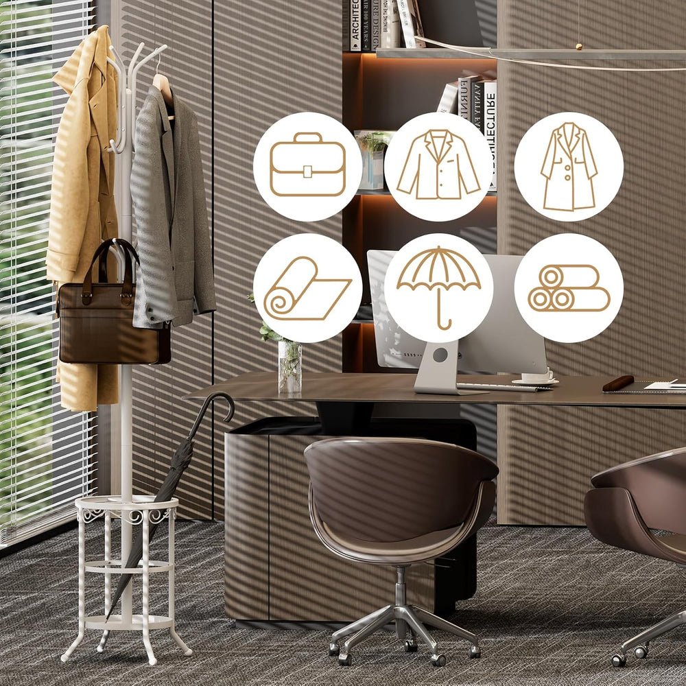 Coat Rack Freestanding with Umbrella Holder – Metal Hanger Stand, Hall Tree w...