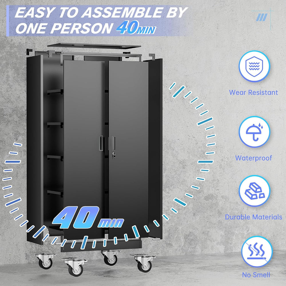 Pataku 73" Metal Storage Cabinet with Wheels, Garage Storage Cabinet wit...