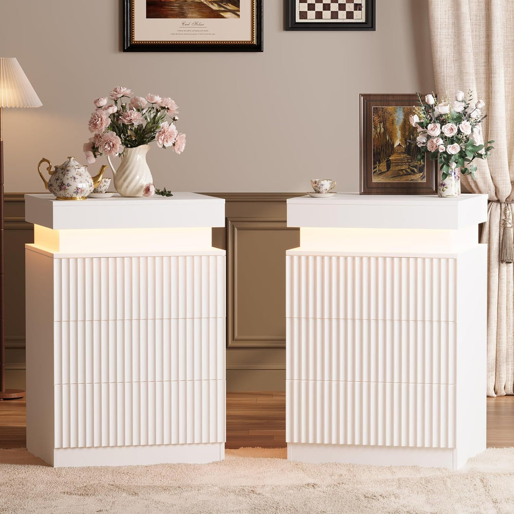 Nightstand Set of 2 for Bedroom, LED Nightstand with 3 Drawers and Charging S...