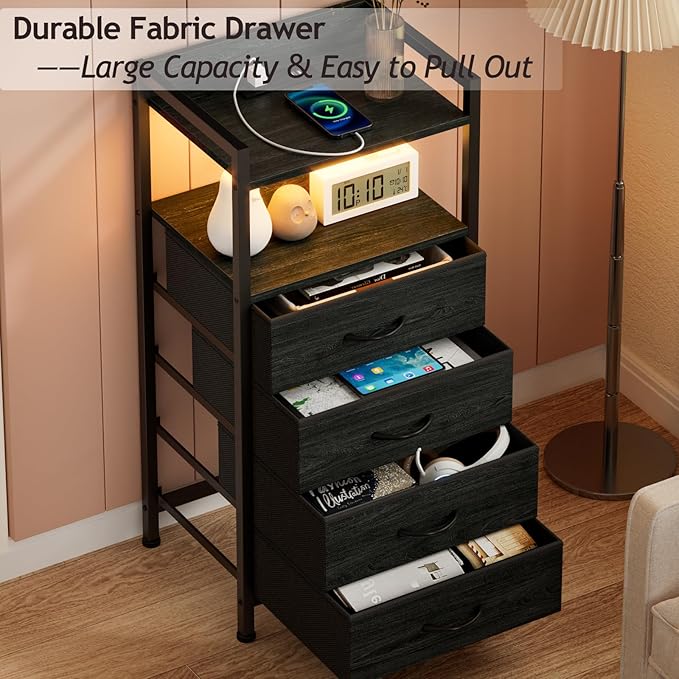 Furnulem Night Stand with Charging Station, Black Nightstand with Drawers and...