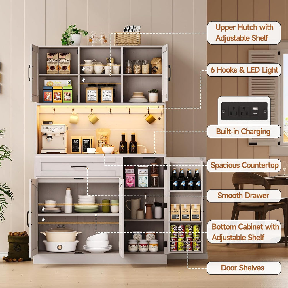 ONBRILL 71" Kitchen Pantry Storage Cabinet with LED Light/Outlet, Off-Wh...