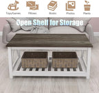 Farmhouse Coffee Table for Living Room, 2-Tier Rectangular Wooden Centre Cocktail Table with Slats Shelf Storage and V-Shaped Frame, Dark Oak