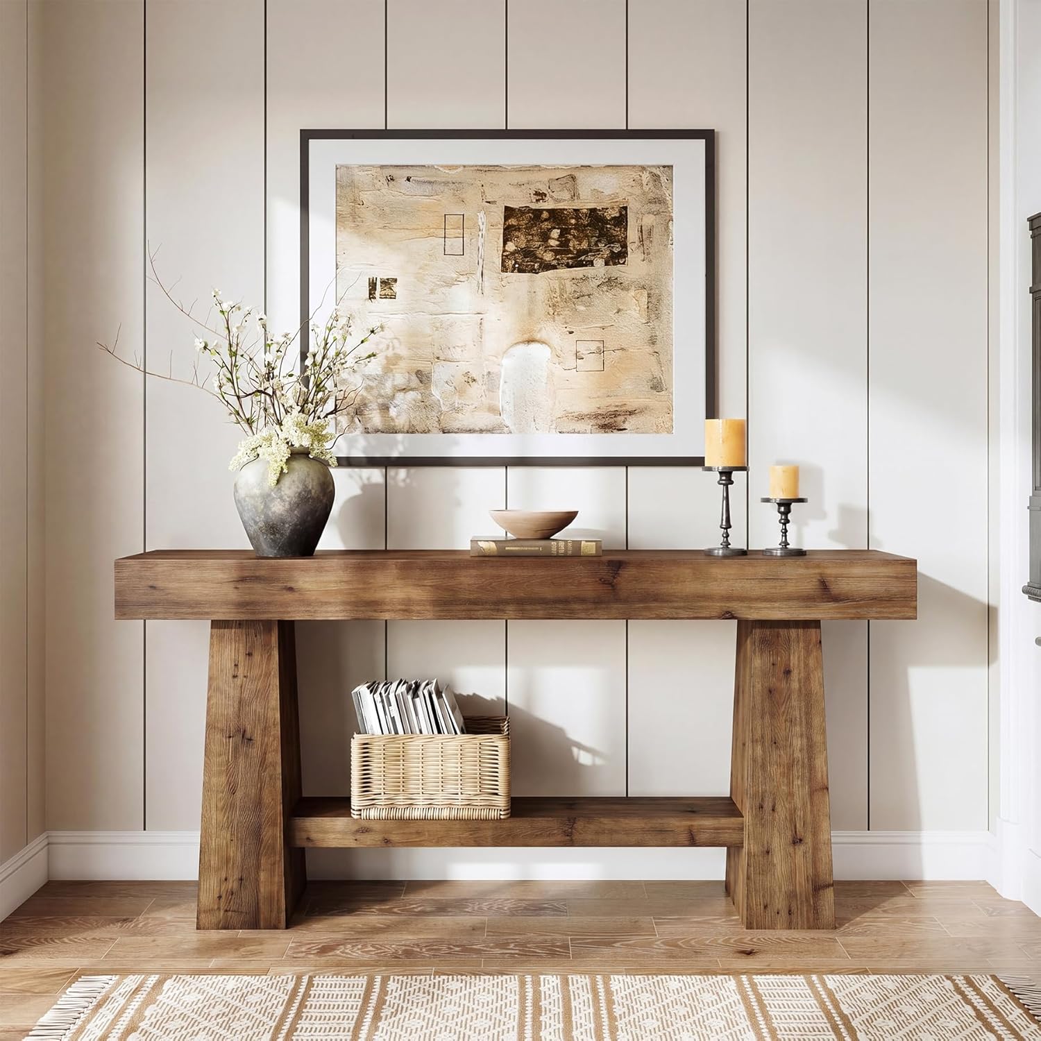 Solid Wood Console Table, 63-Inch Entryway Table with Storage, Long Wooden Sofa Table Behind Couch for Entryway, Hallway, Foyer, Living Room, Natural Wood