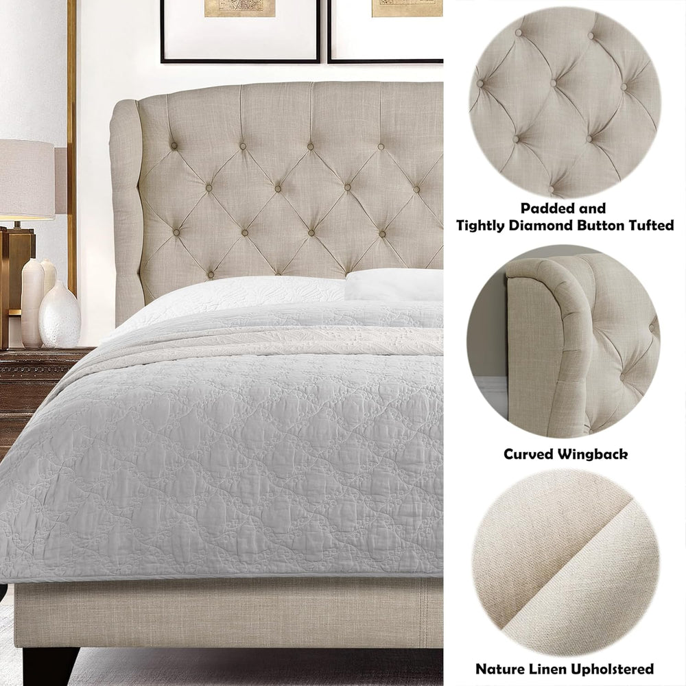 Rosevera Josie Wingback Bed/Tufted Headboard Adjustable Height Bed Frame/Fabr...