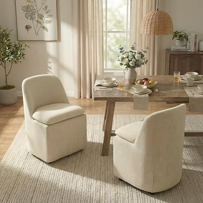 Upholstered Dining Chairs with Casters, Washable Cover Modern Dining Room Chairs with Thick Cushion & Sturdy Metal Frame for Kitchen, Living Room, Dressing Room, Sand Fabric, Set of 1