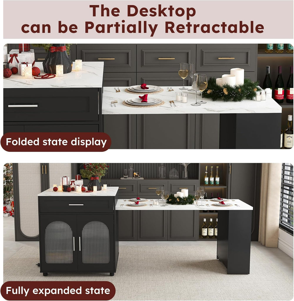 80-inch Expandable Kitchen Island with Dining Table, Marble-Grain Countertop ...
