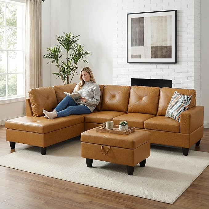 3-Piece L-Shaped Modular Leather Sofa – Convertible Sectional Couch with Movable Chaise & Storage Ottoman, Multi-Scene Use for Living Room, Apartment & Office, Ginger Yellow