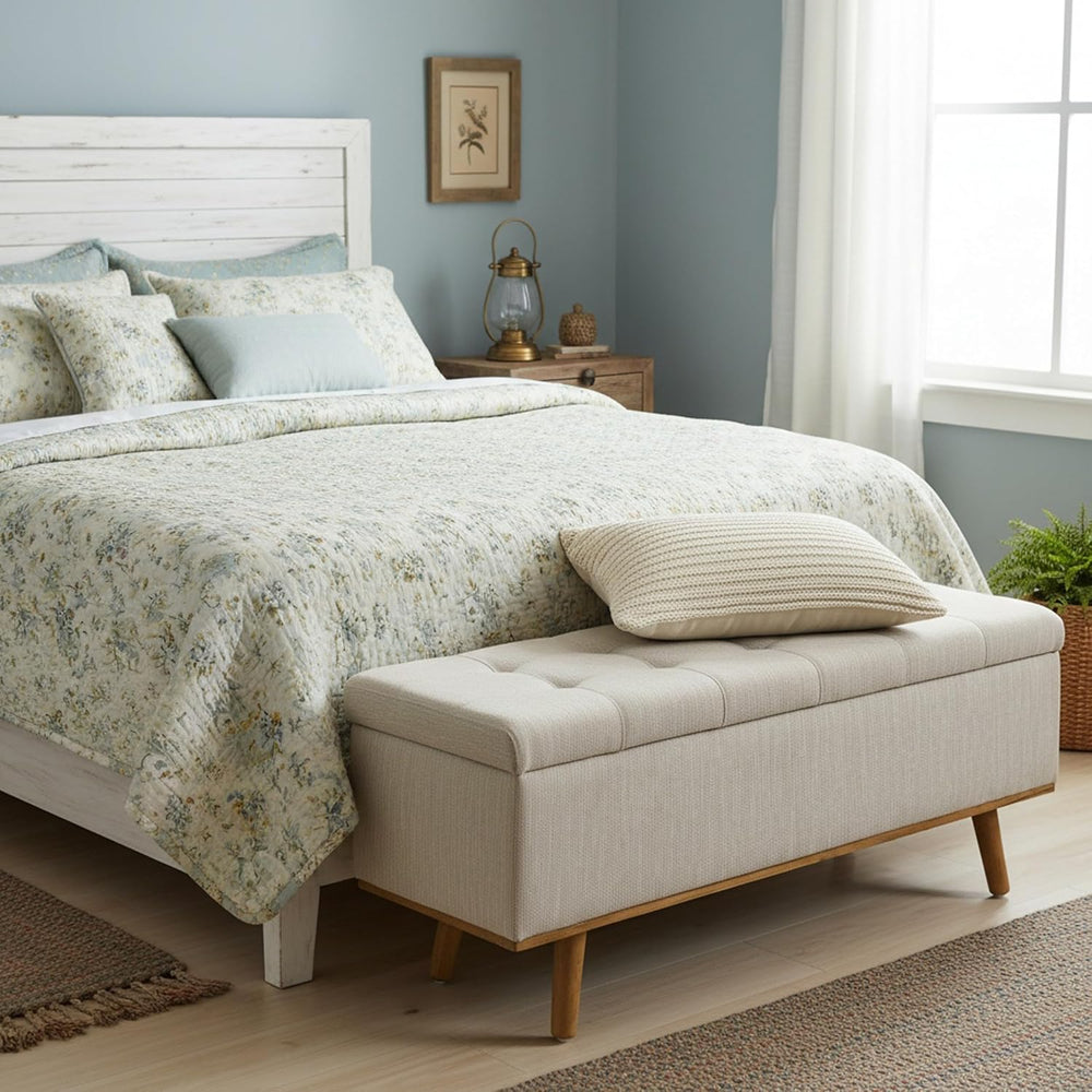 Storage Ottoman Bench, 45" End of Bed Bench, Beige | Hidden Storage Spac...