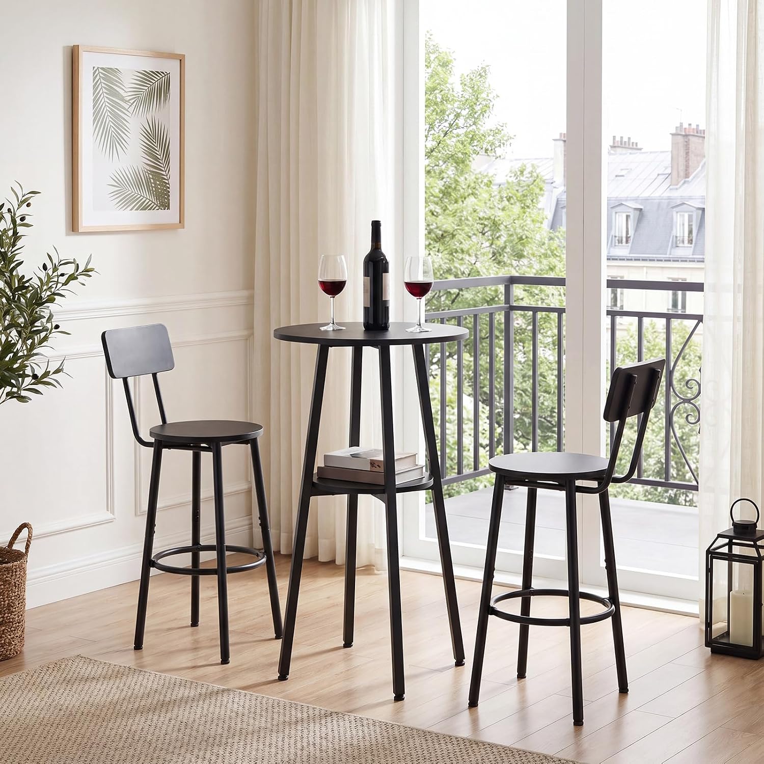 HOOBRO 3 Pieces Round Bar Height Table and Chairs Set, Round Dining Table Set, Pub Table and Chairs for Small Space, 2 Tier Kitchen Table and Bar Stools with Back, Black BB35BT01