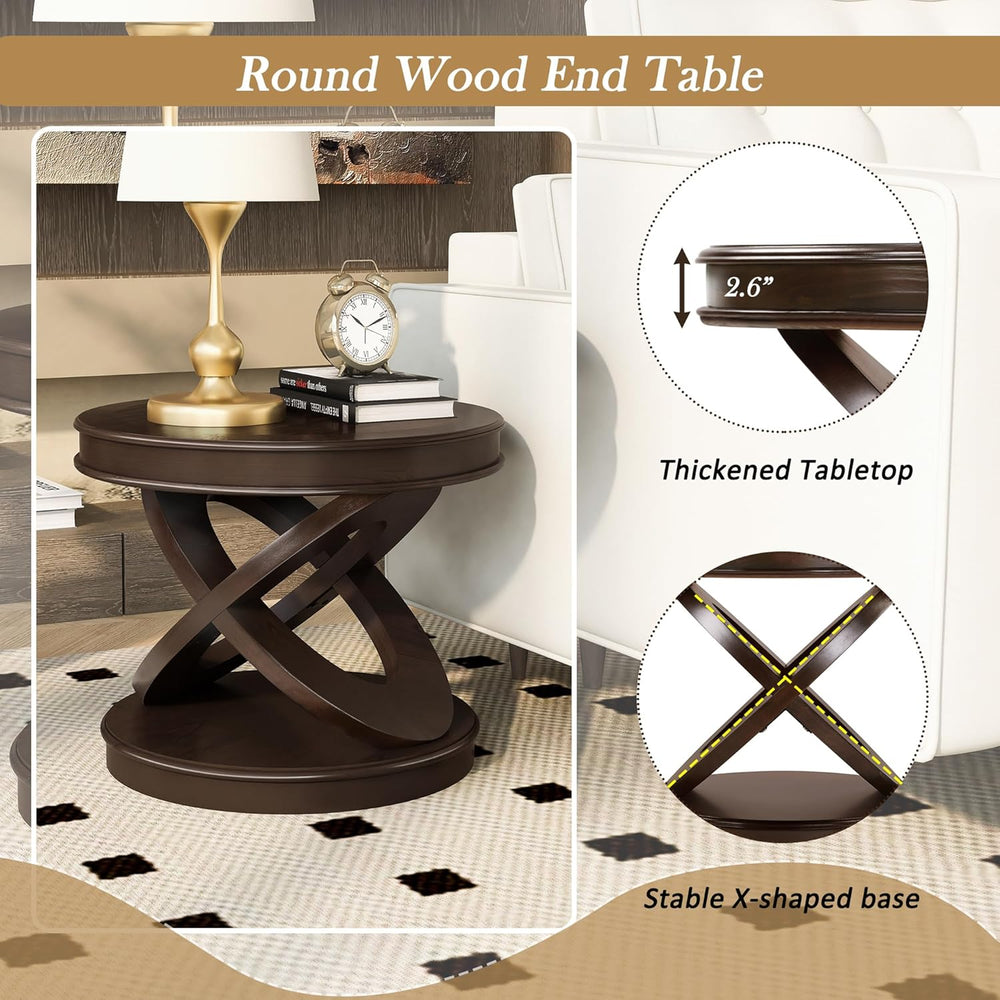 Retro Round Wooden End Table, Sofa Side Table with X-Shape Base for Living Room