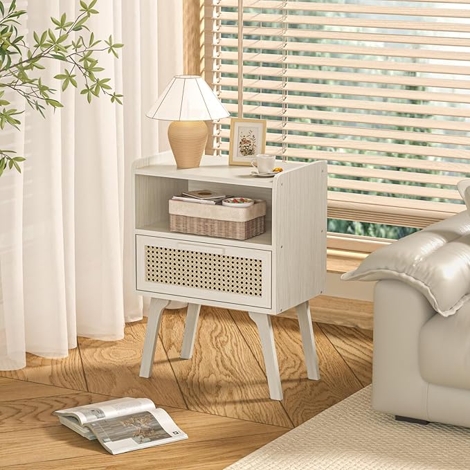 Lerliuo Rattan Nightstand, Side Table with Drawer Open Shelf, Cane Accent Bed...