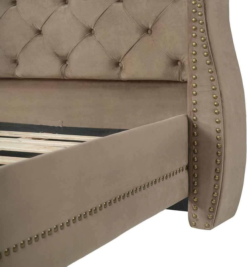 Merax Brown King Size Velvet Upholstered Bed Frame with Thick Tufted Wingback...