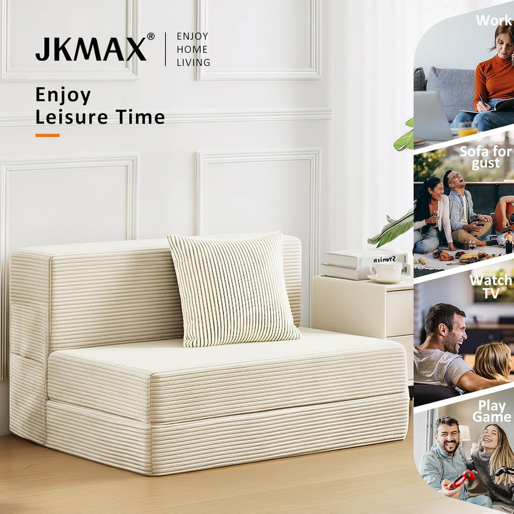 Single Size Folding Sofa Bed - 4 in 1 Convertible Sleeper Chair - High Density Memory Foam Futon Couch - Foldable Bed for Living Room Bedroom (Beige)