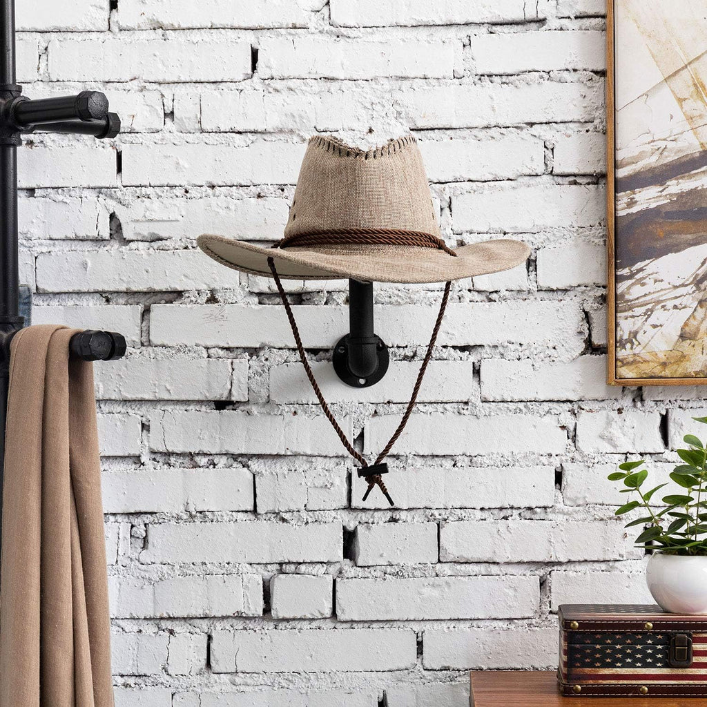 MyGift 3 Pcs Cowboy Hat Holder on Wall, Hat Rack Hooks, Wig Display Helmet Collection Organizer, Baseball Cap Hanger Entryway Bedroom, Realistic Black Metal Pipe Brown Wood