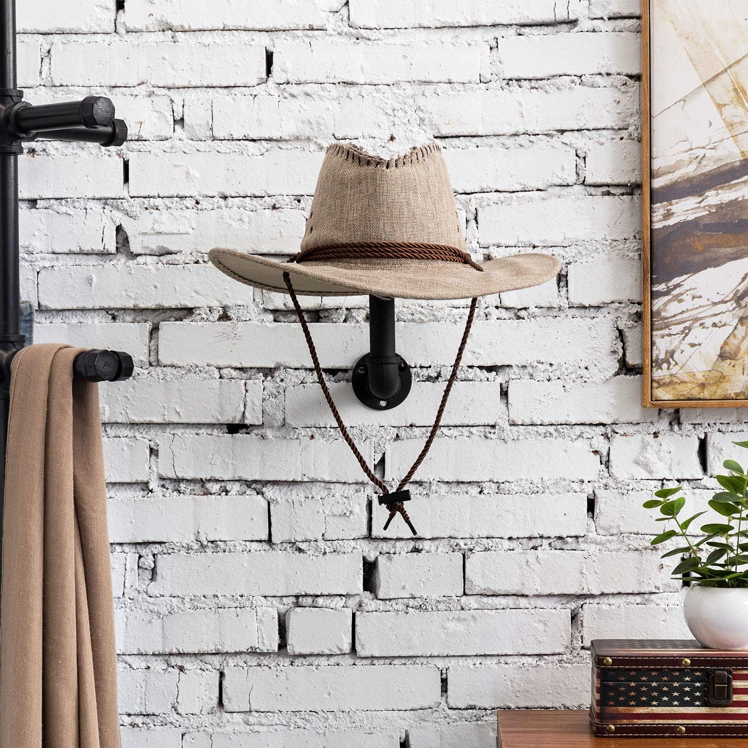 MyGift 3 Pcs Cowboy Hat Holder on Wall, Hat Rack Hooks, Wig Display Helmet Collection Organizer, Baseball Cap Hanger Entryway Bedroom, Realistic Black Metal Pipe Brown Wood