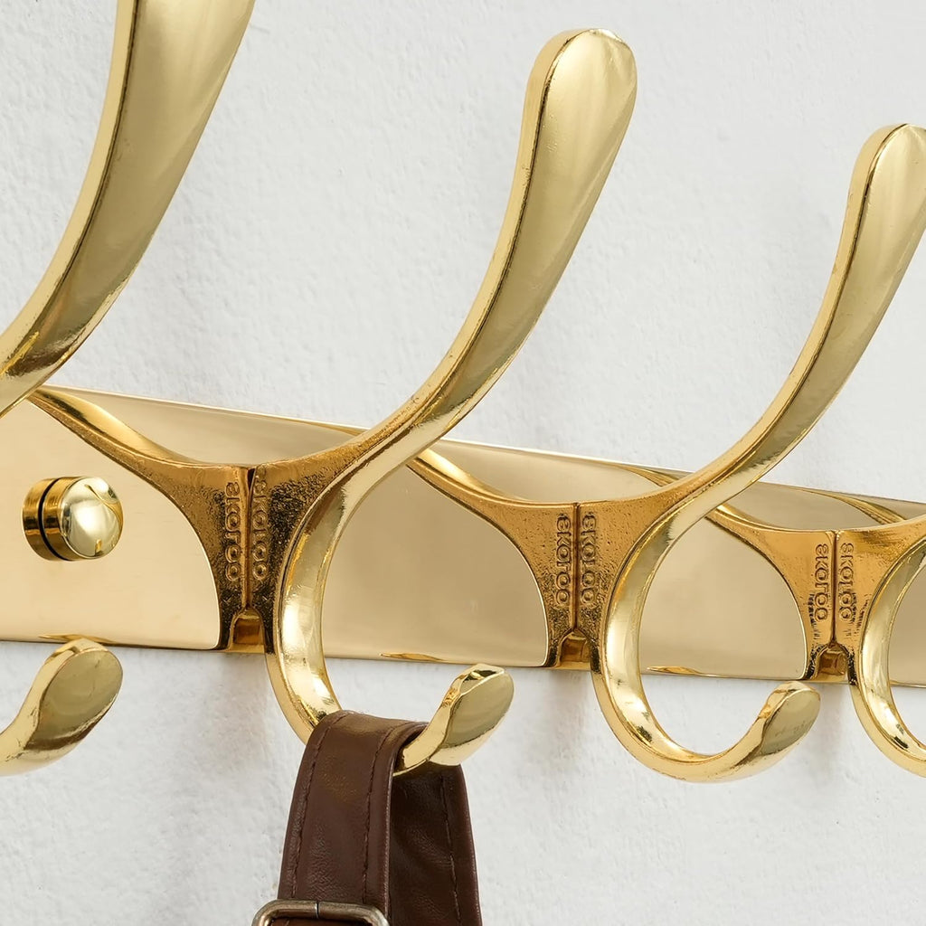 SKOLOO Wall Mounted Coat Rack - 10 Hooks, Heavy Duty, Stainless Steel, Metal Wall Hangers, Sturdy Coat Hooks for Hanging Coats, Jacket, Clothes, Hat, Bright Gold