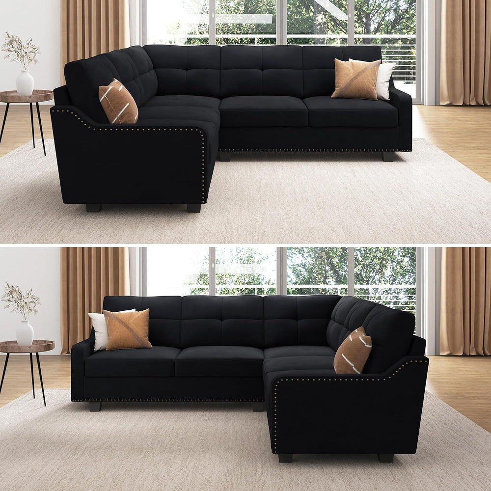 HONBAY Convertible Sectional Sofa L Shaped Couch,Velvet Black | Reversible Se...
