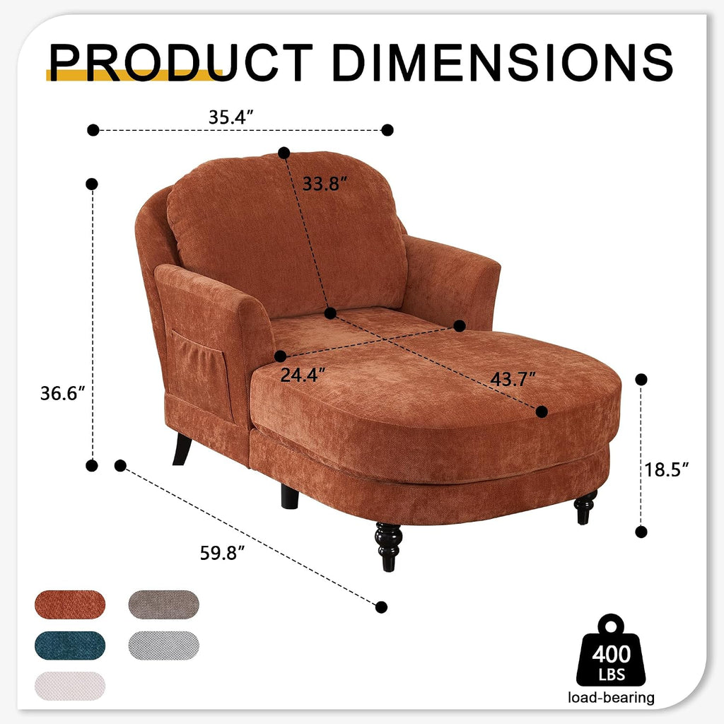 59.8" Chaise Lounge Chair Indoor, Chenille Reading Chairs | Side Pocket, Upholstered Chaise Lounge for for Bedroom, Living Room& Apartment ,Sturdy Frame, Orange