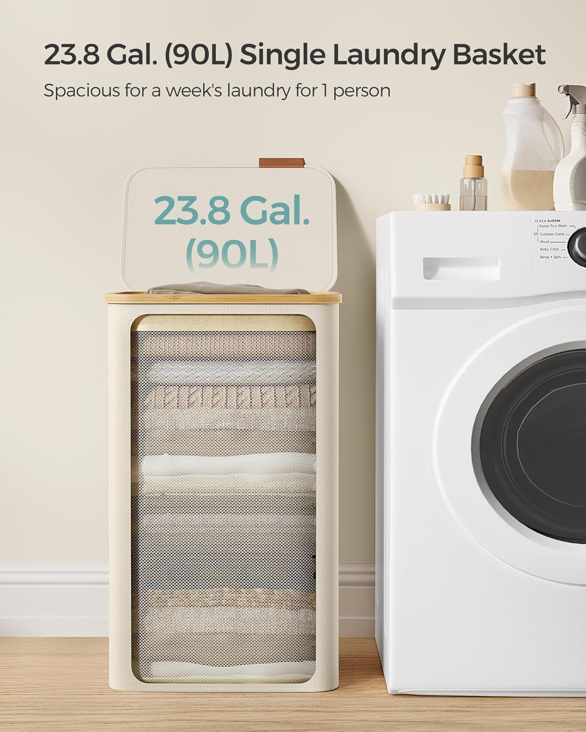 SONGMICS Laundry Hamper with Lid, Large Laundry Basket, 23.8 Gallons (90L), Removable Mesh Liner, Bamboo Handles, Collapsible, 16.5 x 12.6 x 27.8 Inches, Cream White ULCB509W01