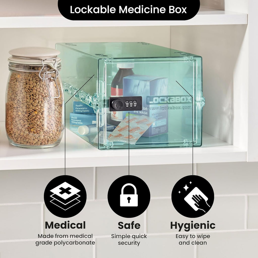 Lockabox One™ | Premium Medicine Lock Box | Medium Medication Lock Box With Code For Medicines, Vitamins & Supplements | External Size 12 x 8 x 6.6 inches (Light Medi Green)