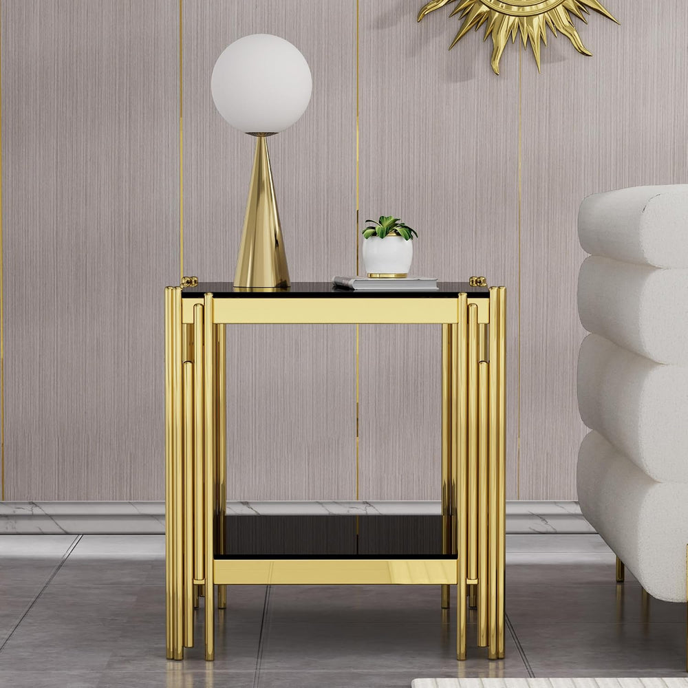 20” Square Glass End Table, 2-Tier Side Table with Black Tempered Glass Top G...