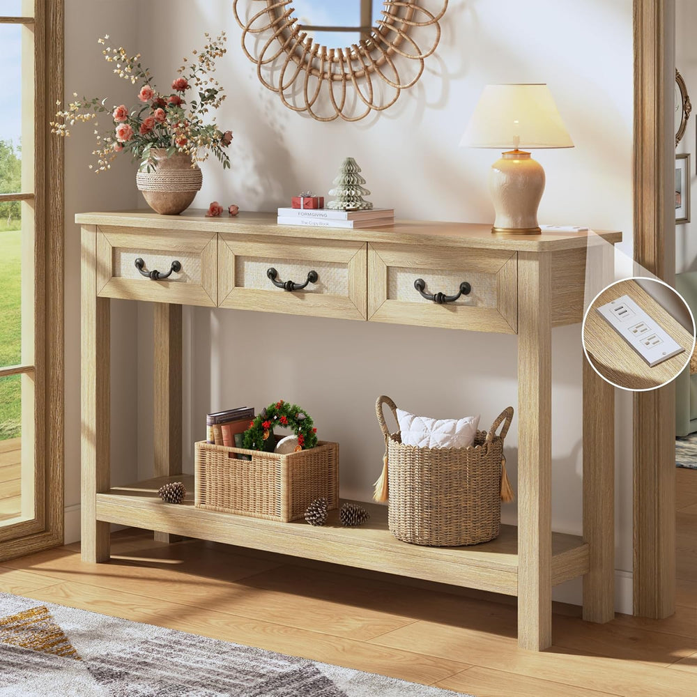 HUAHUU 47.2" Console Table with 3 Rattan Drawers, Long Sofa Table with S...
