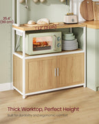 VASAGLE Kitchen Bakers Rack with Power Outlet, Coffee Bar with 35.4-Inch High Worktop, Microwave Stand with 8 Hooks, 15.7 x 31.5 x 66.9 Inches, Golden Oak and Cloud White UKKS059Y01