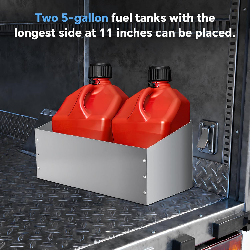Aluminum Fuel Jug Holder Rack, Gas Can Mount fits Two 5 Gallon Fuel Containers with Base Dimensions Under 11 Inches, Trailer Gas Can Holder (Three-Sided Support)