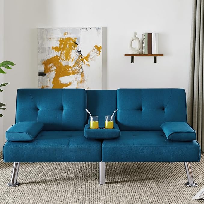 Yaheetech Convertible Sofa Bed Adjustable Fabric Couch Sleeper Modern Recliner Reversible Loveseat Folding Daybed Guest Bed, Removable Armrests, Cup Holders, 3 Angles, 772lb Capacity, Aqua Blue