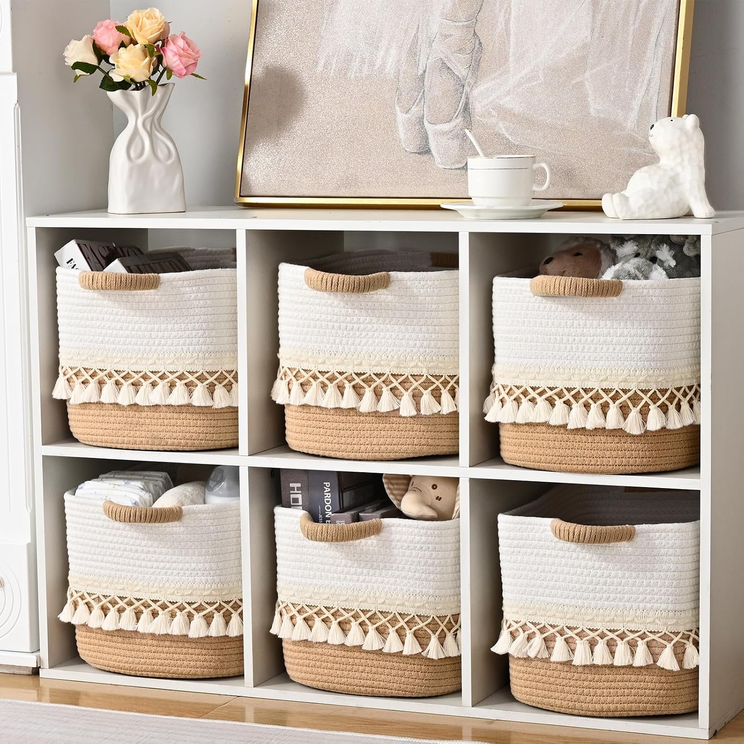 2 Pack Storage Basket for Shelves, Boho Cotton Rope Storage Bins with Heavy Tassel, Shelf Baskets Large Woven Baskets for Organizing, Cube Organizer Bins, Baby Laundry Basket for Clothes, Toys, Pets