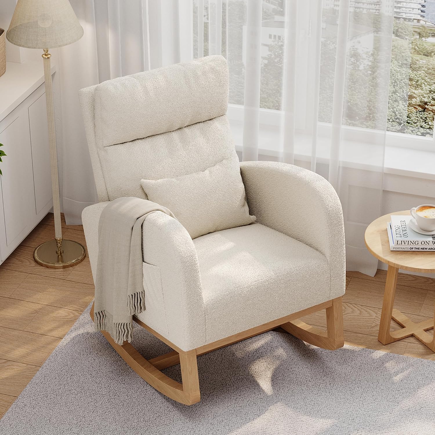 Garvee Rocking Chair, Teddy Fleece Glider Chair with Side Pockets, Nursery Chair with Pillow, Rocking Accent Armchair for Living Room Bedroom Nursing Room, White
