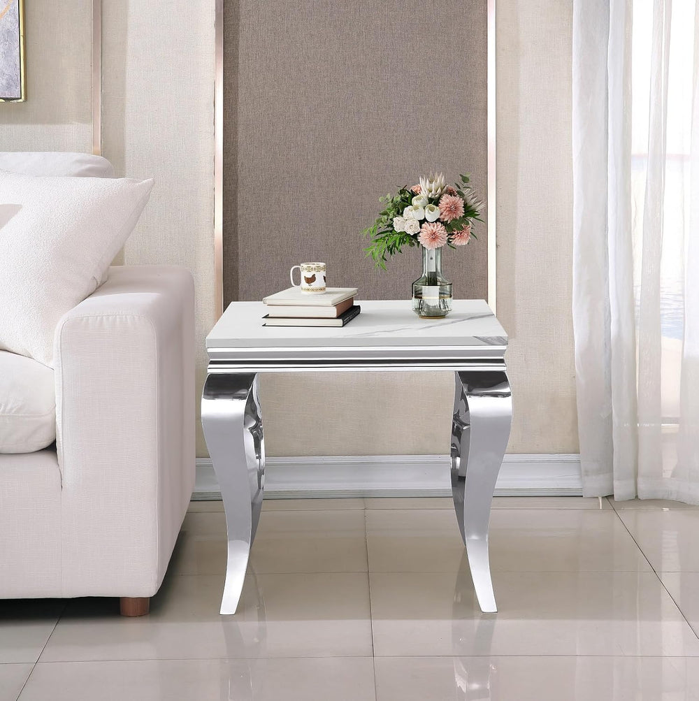 Henf 23in Square End Table Faux Marble End Table w/Stainless Steel Legs,Luxur...