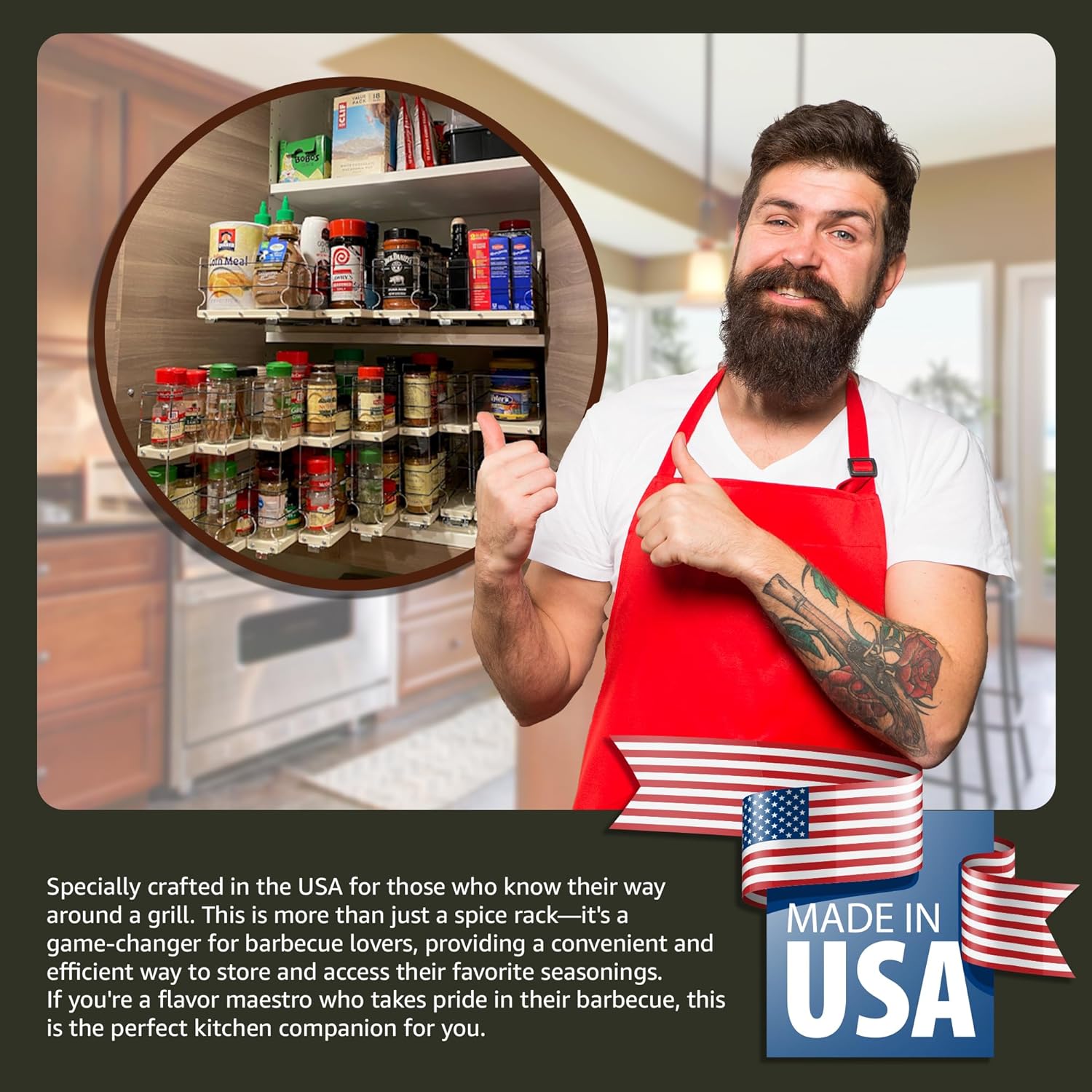 Heavy Duty Kitchen Spice Rack Storage - Pull Out Drawers For Kitchen Cabinets - Sliding Pantry Organizers - Seasoning Cabinet Pull Out Shelves - Made in USA - 5.75"W x 5.0"H x 10.6"D