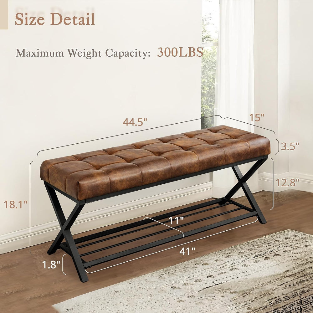 LUE BONA 44.5” End of Bed Bench with Shelf, Linen Tufted Upholstered Storage ...