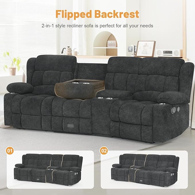 Recliner Sofa with Storage Console, Flip Middle Backrest Design 3 Seat Reclining Sofa with Storage Drawer, USB Ports & Cup Holders, Manual Couch for Living Room (Gray, 3 Seater + Console)