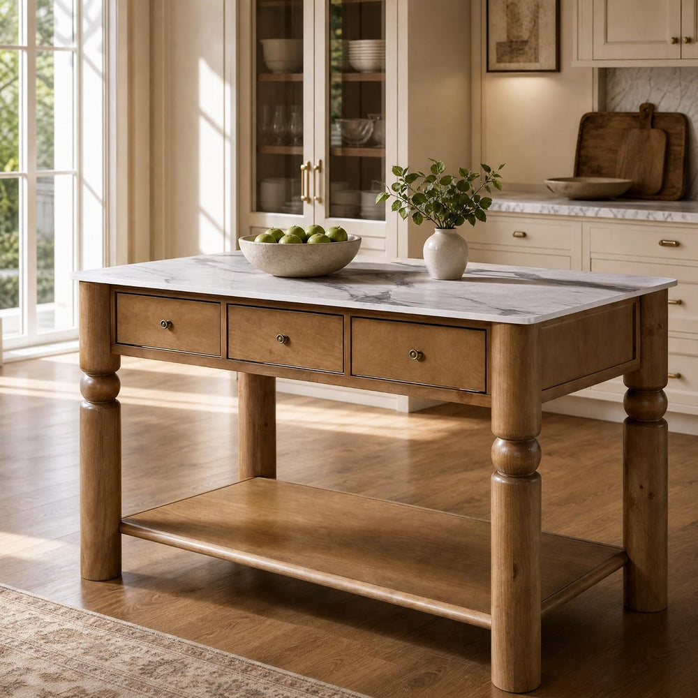 Christopher Knight Home Athen Wooden Kitchen Island with Storage & Marble...